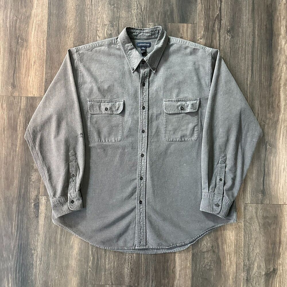 90's Vintage Lands' End Gray Flannel Shirt Long Sleeve Button Up Cotton Size XXL